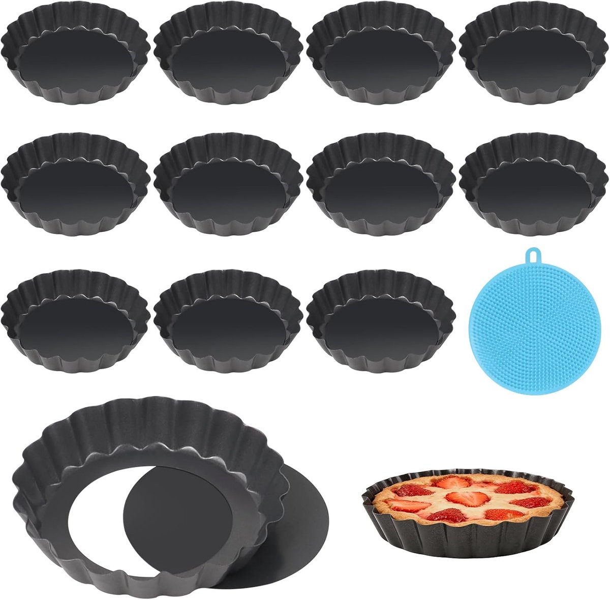 12 stuks 10 cm taartvorm met afneembare bodem, anti-aanbaklaag, kleine vorm voor quiche en cake, ronde set voor - ShopVlot