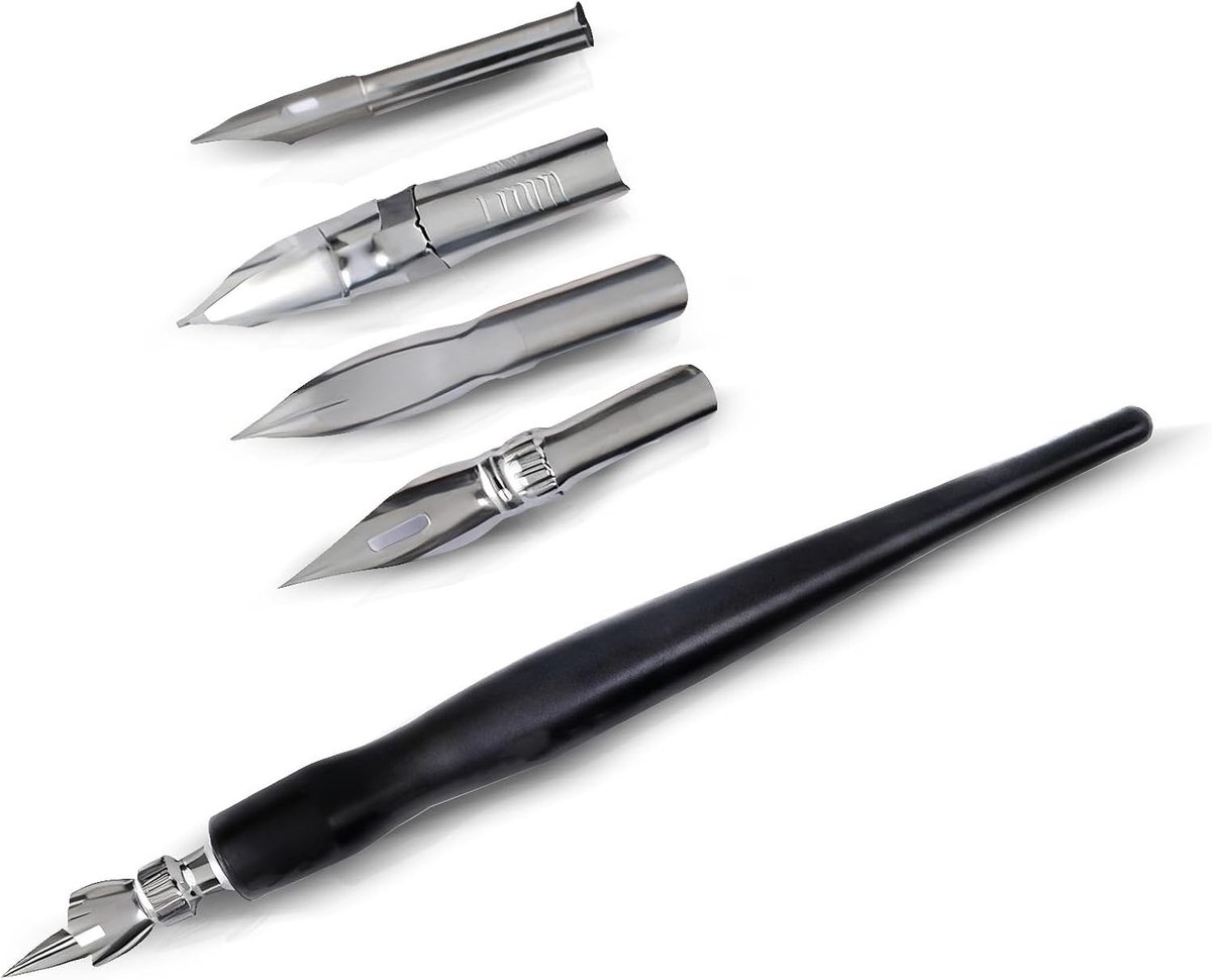 Pennen- en houderset - Zwart - 1 houder + 5 punten - Kunststof met Roestvrij Stalen Veren - Voor Kunstenaars en Beginners