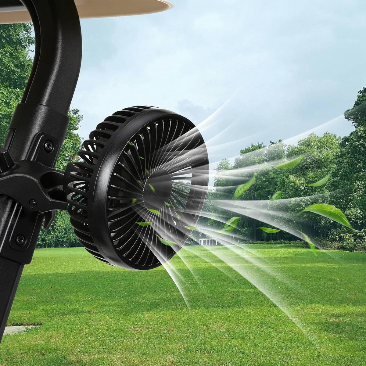 USB-aangedreven luchtventilator voor buitenwerk, heftruck, golfkar, camping, 3 snelheden, 360° draaibare clip-on - ShopVlot