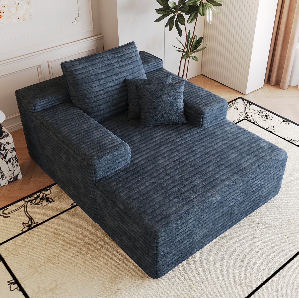 DESMIU Zitbank 115 x 159 cm - Chaise Longue Met Diepe Zitting En Zachte Schuimvulling - Voor Woonkamer En Slaapkamer - Ribstof Blauw
