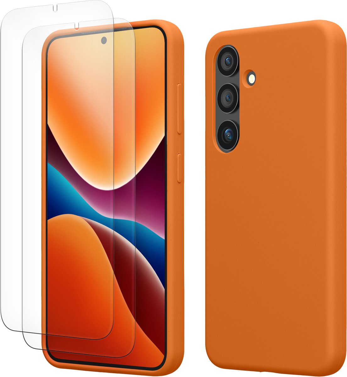 kwmobile hoes met 2x screenprotectors voor Samsung Galaxy S24 – screenprotector van gehard glas – draadloos opladen – fruitig oranje