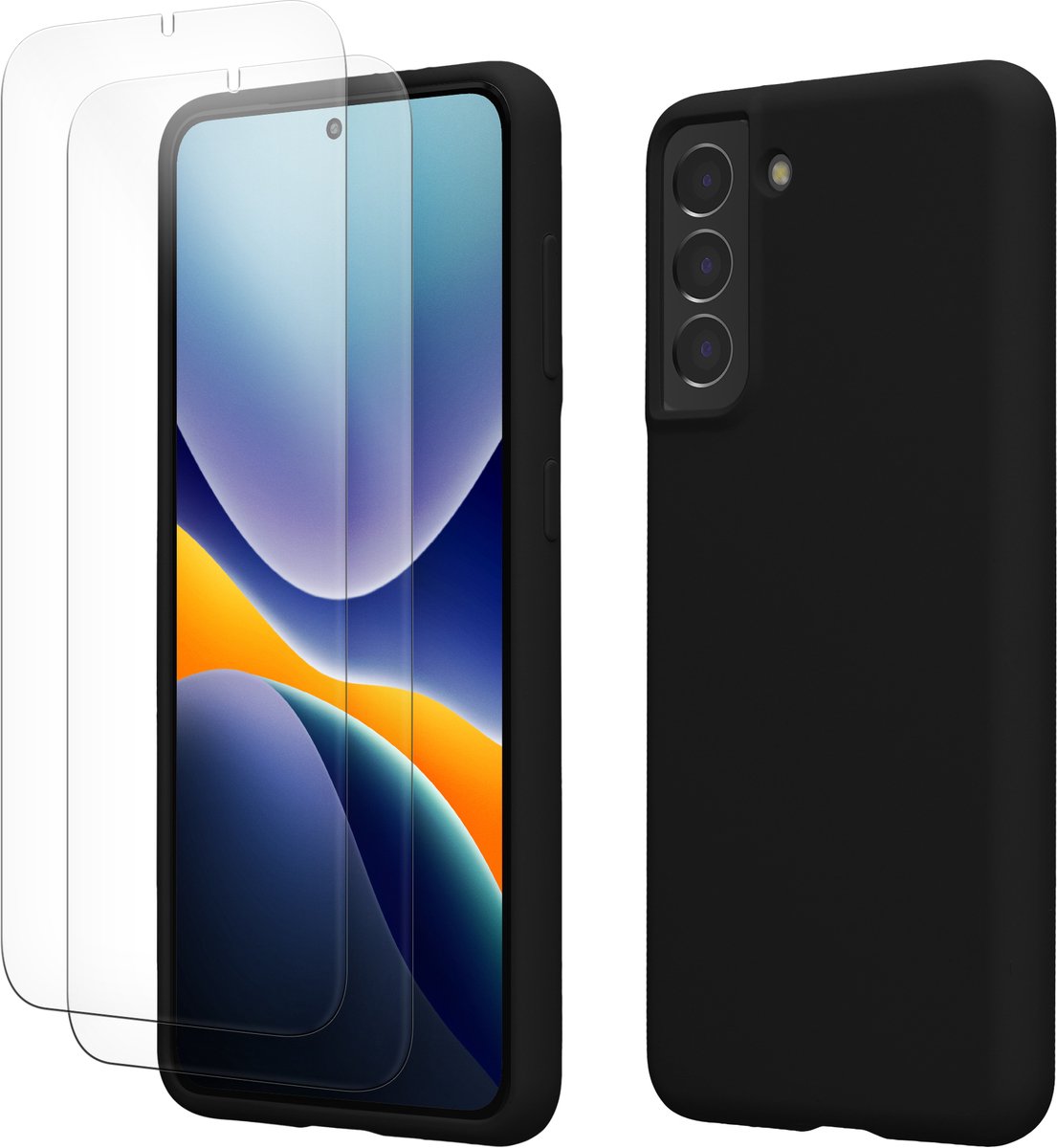 kwmobile hoes met 2x screenprotectors voor Samsung Galaxy S21 – screenprotector van gehard glas – draadloos opladen – zwart