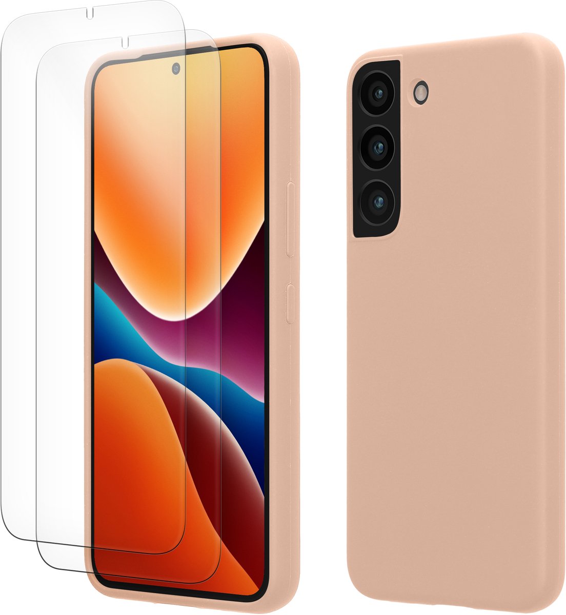 kwmobile hoes met 2x screenprotectors voor Samsung Galaxy S22 – screenprotector van gehard glas – draadloos opladen – mat oudroze