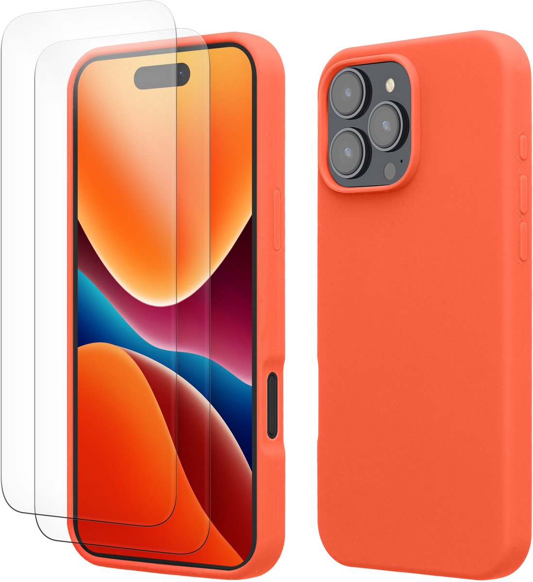kwmobile hoes met 2x screenprotectors voor Apple iPhone 16 Pro Max – screenprotector van gehard glas – draadloos opladen – levendig koraal