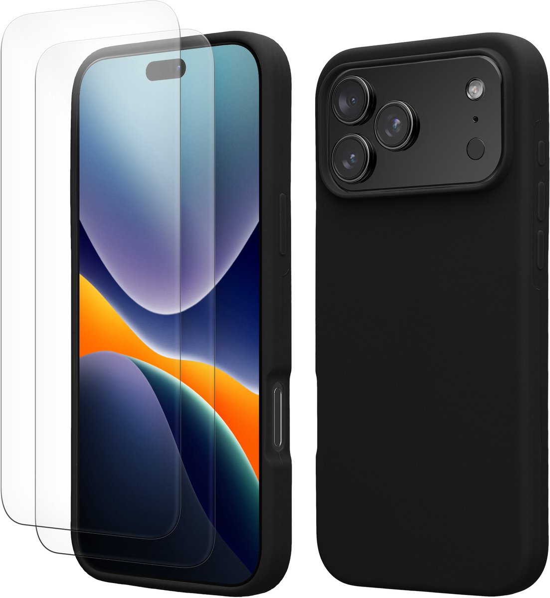 kwmobile hoes met 2x screenprotectors voor Apple iPhone 18 Pro Max / iPhone 17 Pro Max – screenprotector van gehard glas – draadloos opladen – zwart