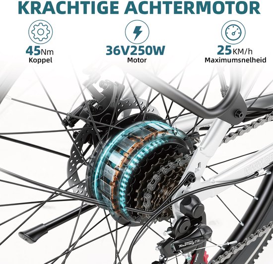 26 inch Elektrische Fiets - 36V 14.5AH Accu - Actieradius Tot 100 Km- Shimano 7 versnellinge- 45Nm - Met achterlicht - LCD Display - Geveerde zadelpen - City Commuter EBike - Elektrische stadsfiets voor heren en dames - Zilver — afbeelding 3