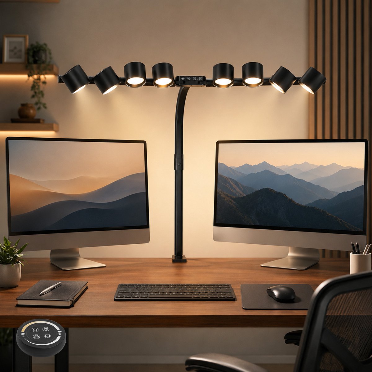 MUPOO Bureaulamp met 8 Verstelbare LED-lichtkoppen, 22 W en Dimfunctie – Tafellamp met 1400 lm, 3000-6500 K, Touchbediening en Afstandsbediening – Klemlamp voor Bureau, Werkplek, Hobby en Studio, Zwart
