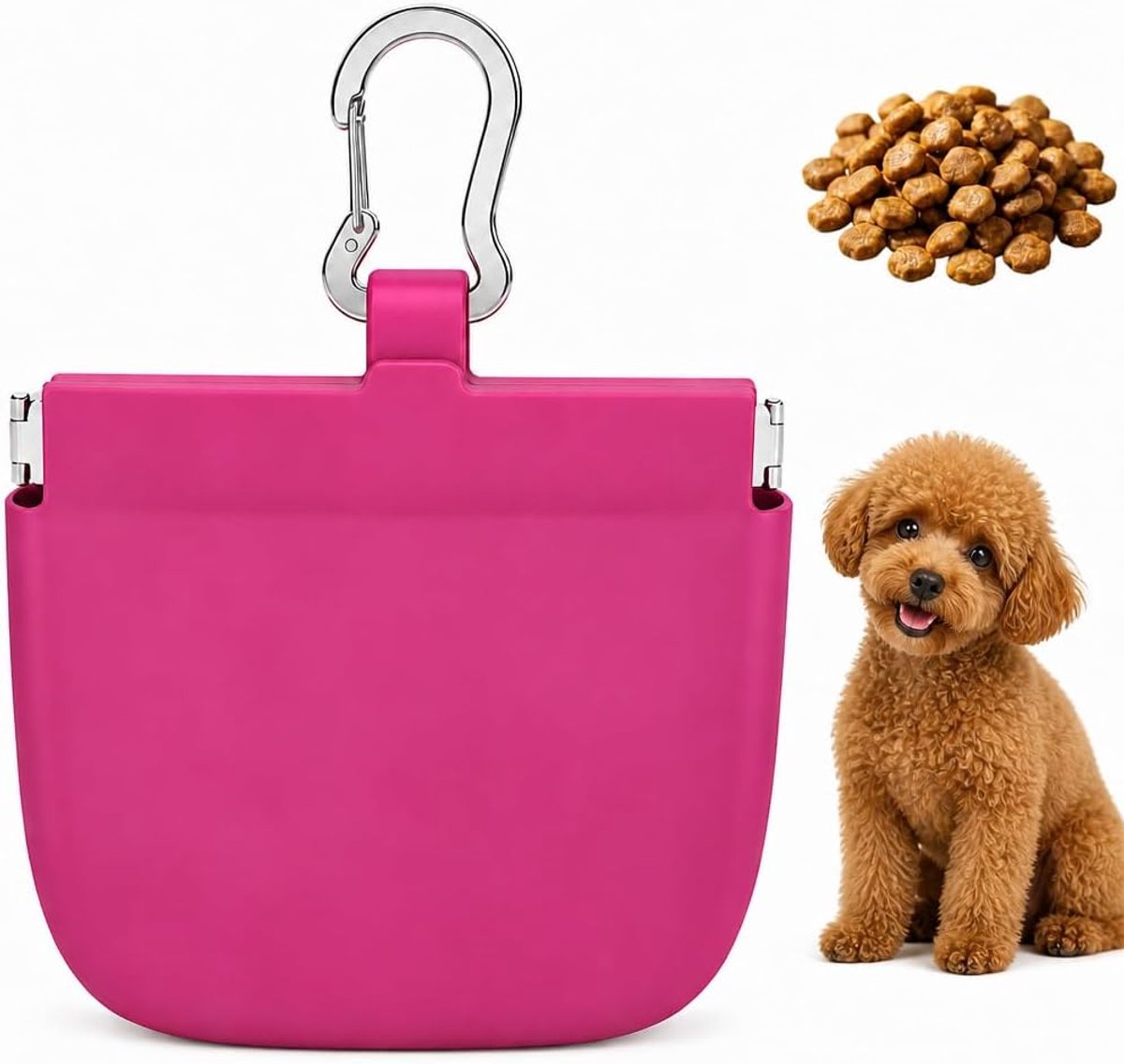 Traktatiezak voor honden, van siliconen, draagbaar, met karabijnhaak, lekvrij, wandelen/reizen, 12,5 x 10 cm (roze) - ShopVlot