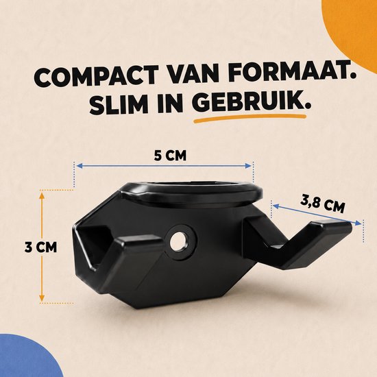 Zwart caprack met afmetingen 5 cm breed, 3 cm hoog en 3,8 cm diep. Tekst: Compact van formaat. Slim in gebruik.
