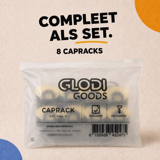 Een plastic zak met acht capracks van GLODI GOODS. Op de zak staat 'CAPRACK SET VAN 8'.