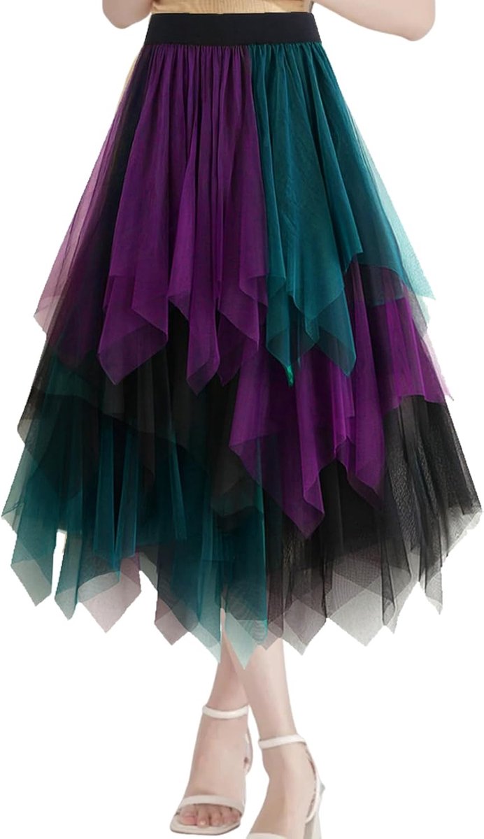 YOUYIKE Tulle Skirt for Women Pleated Skirt, High Waist Elastic Irregular Asymmetrical Mesh Witch Midi Skirt for - ShopVlot