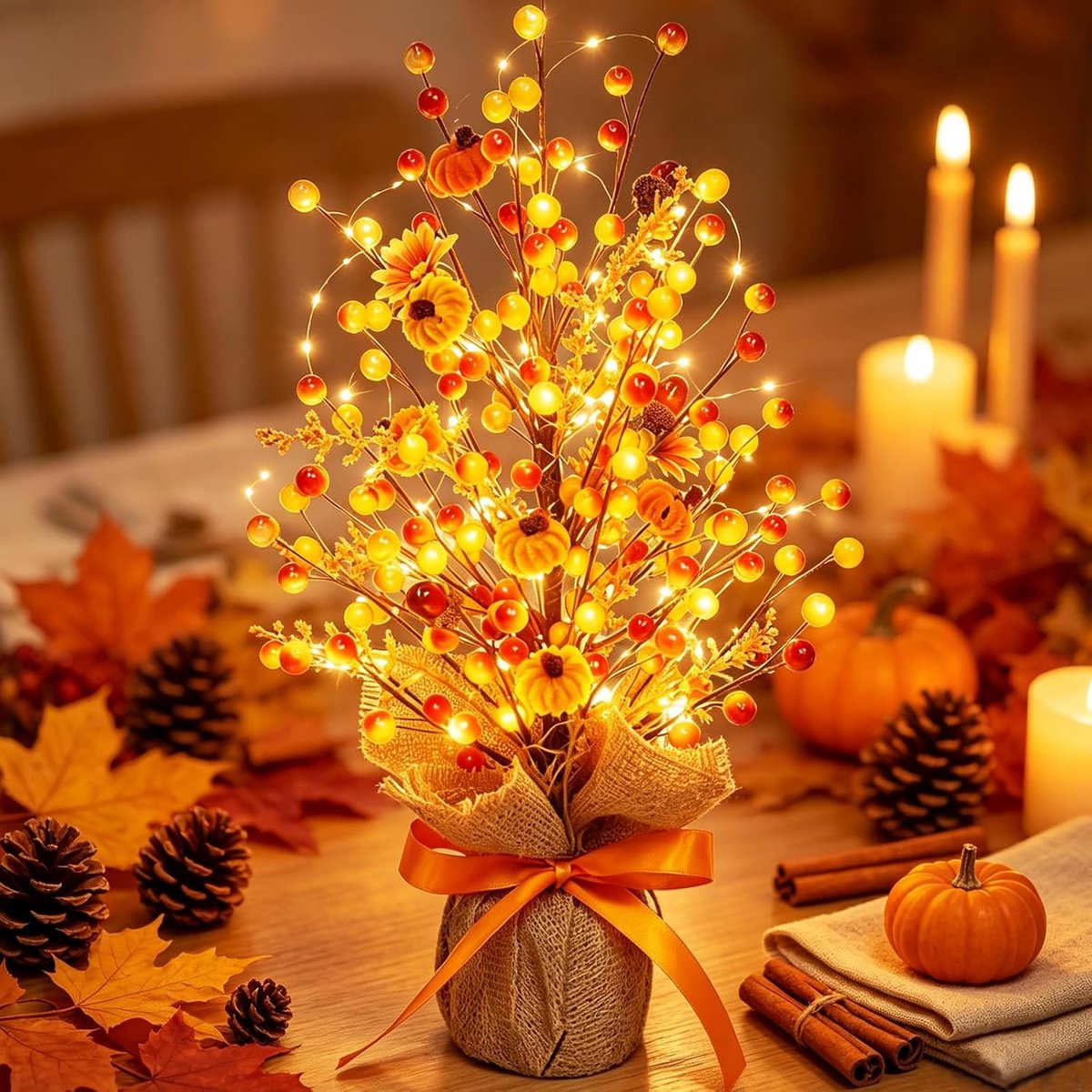 48 cm boom herfstdecoratie pompoen esdoornblad bessen met LED-verlichting warme herfstdecoratie esthetische indoor - ShopVlot