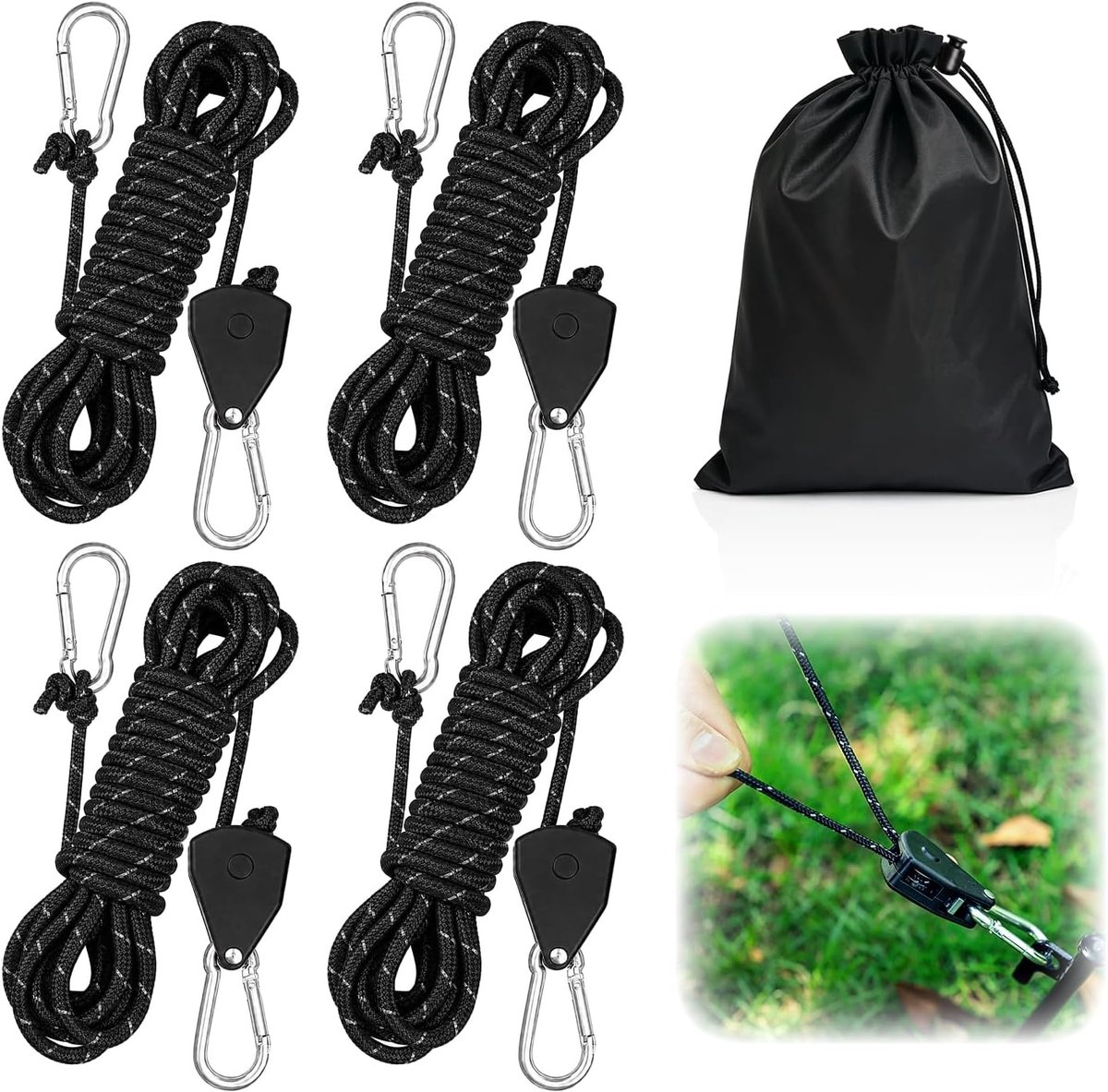 Verstelbaar spantouw, 4 stuks, 4 mm, 4 m spankabels met spanner, spankabels voor tenten, parasols, zwart - ShopVlot