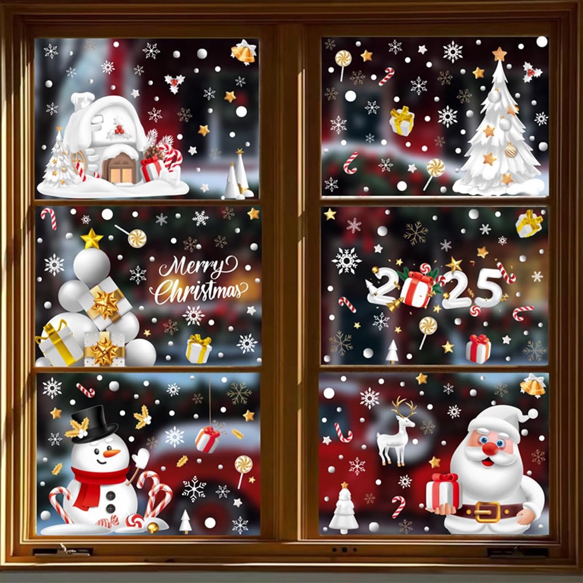 Kerst Raamstickers 6 Vellen - Herbruikbare Statische Plakkers met Sinterklaas en Rendieren - Witte PVC Sneeuwpop en Sneeuwvlok Motieven - Feestelijke Raamdecoratie voor 2025