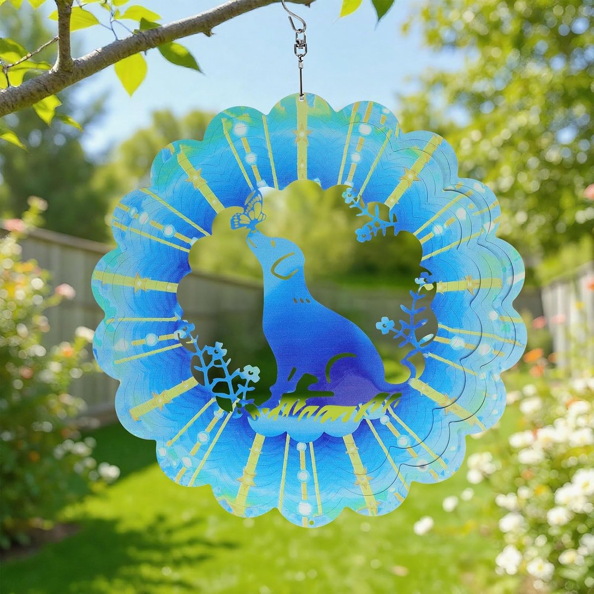 Blauwe hond windspinner, roestvrij staal, vogelverschrikker, hangdecoratie voor tuin, terras en balkon