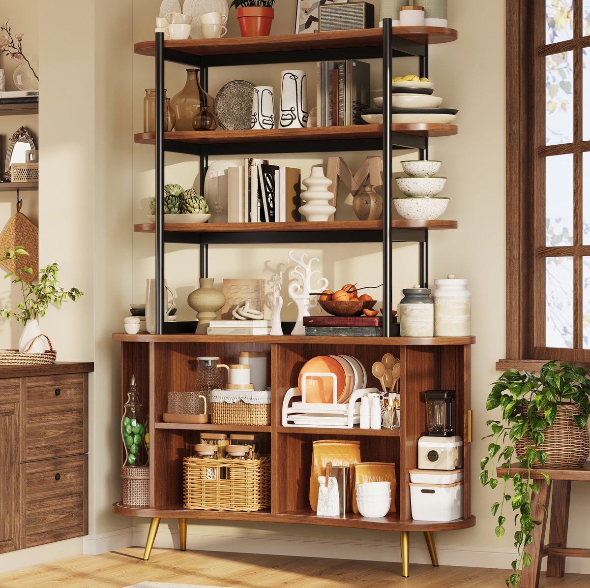 MIVRAY Buffetkast Met Open Vakken En Roldeur Voor Woonkamer En Keuken MDF Metaal Houtkleur 120x40x183 Cm