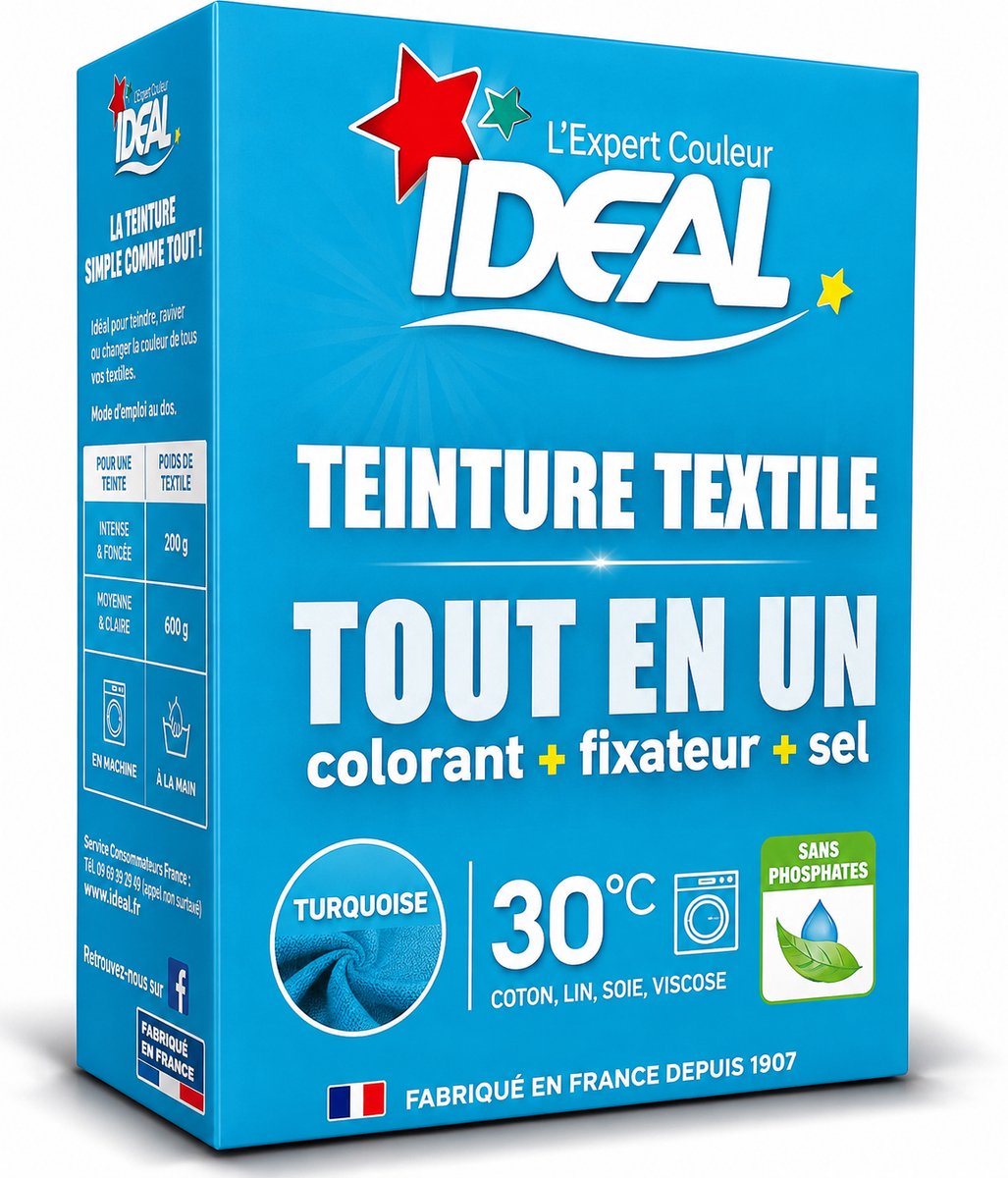 IDEAL Textielverf Alles-in-één Turquoise 230 g – Kledingverf met Kleurstof, Fixeermiddel & Zout – Voor Katoen, Linnen, Viscose & Zijde – Vanaf 30°C