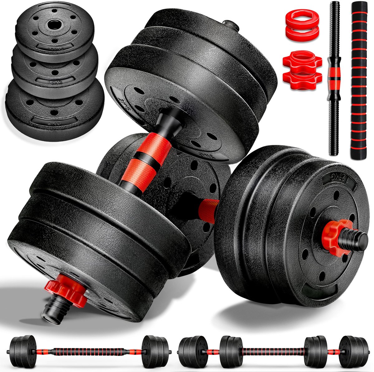 Famanu – Verstelbare halterset 2-in-1, 15-40 kg, korte en lange halter met stersluitingen en verbindingsbuis, perfect voor krachttraining thuis