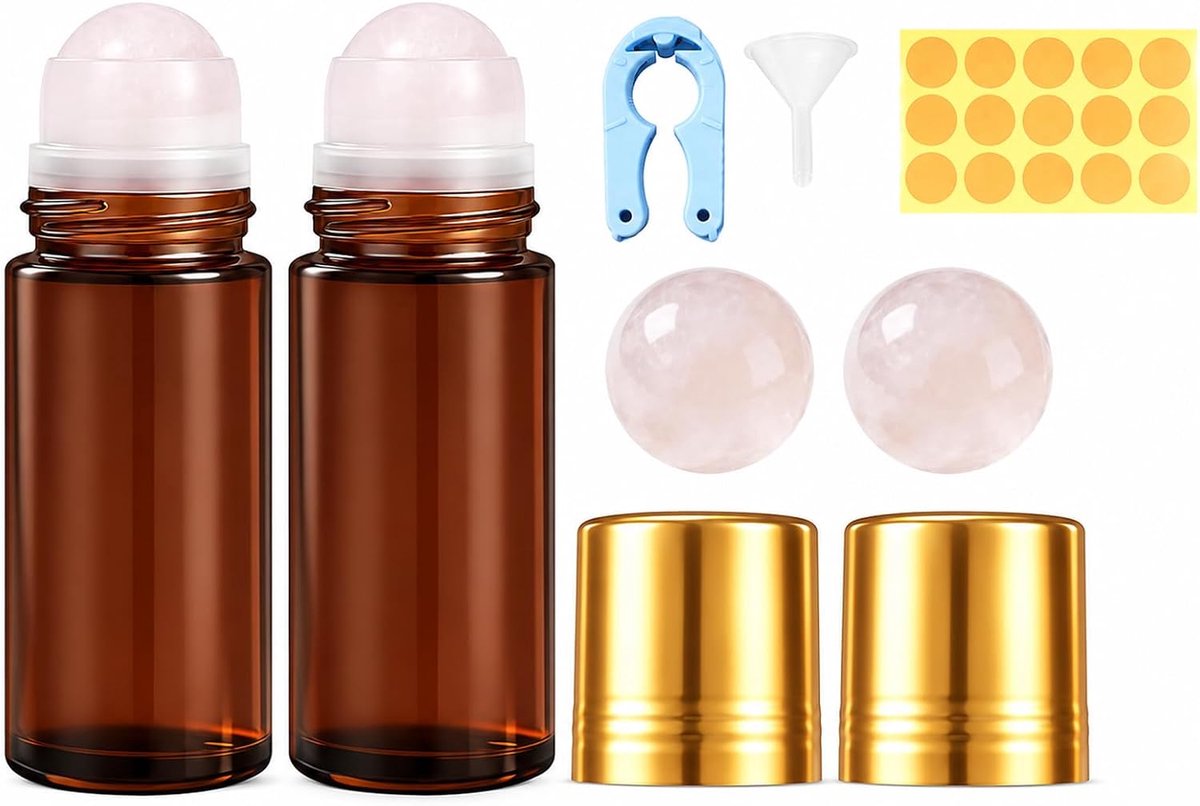 2 stuks roll-on fles leeg 50ml rozenkwarts roller, bruin glas glazen flessen, navulbaar lekvrij trechter, etherische - ShopVlot