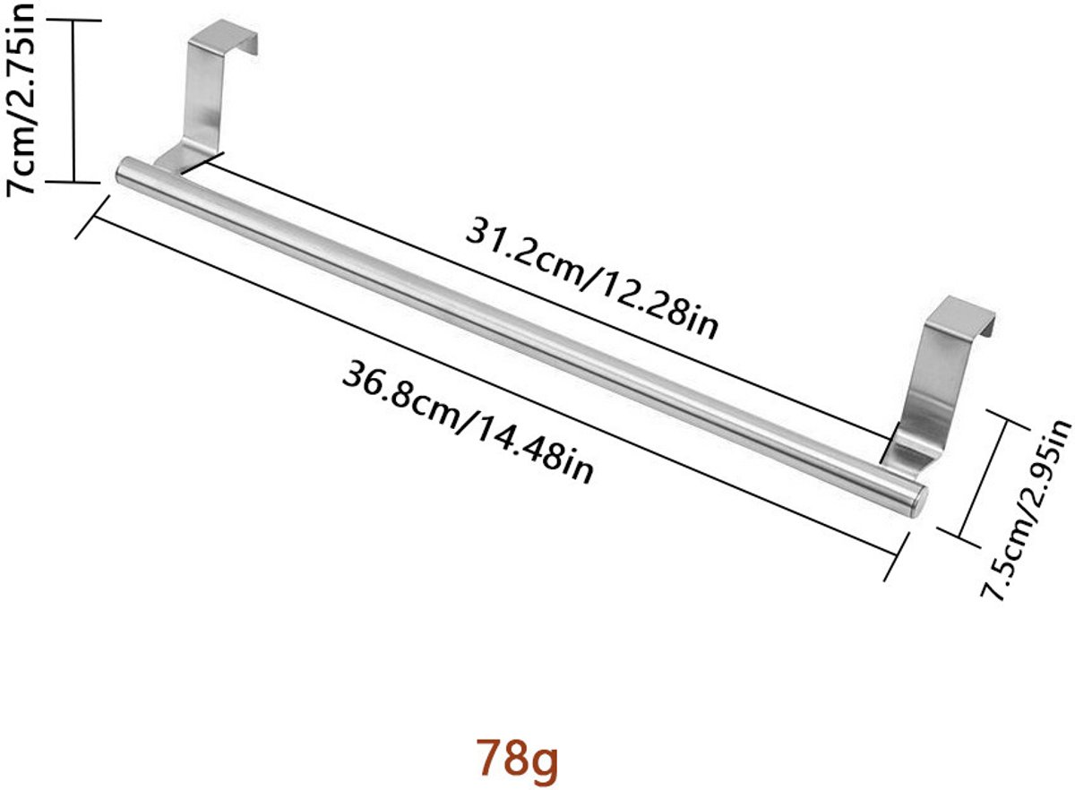RVS Handdoekrek keukenkastje - zonder boren - alternatief voor handdoekhaakjes-Handdoekhouder-handdoekhouder zonder boren-36.8cm-Roestvrijstalen kleur
