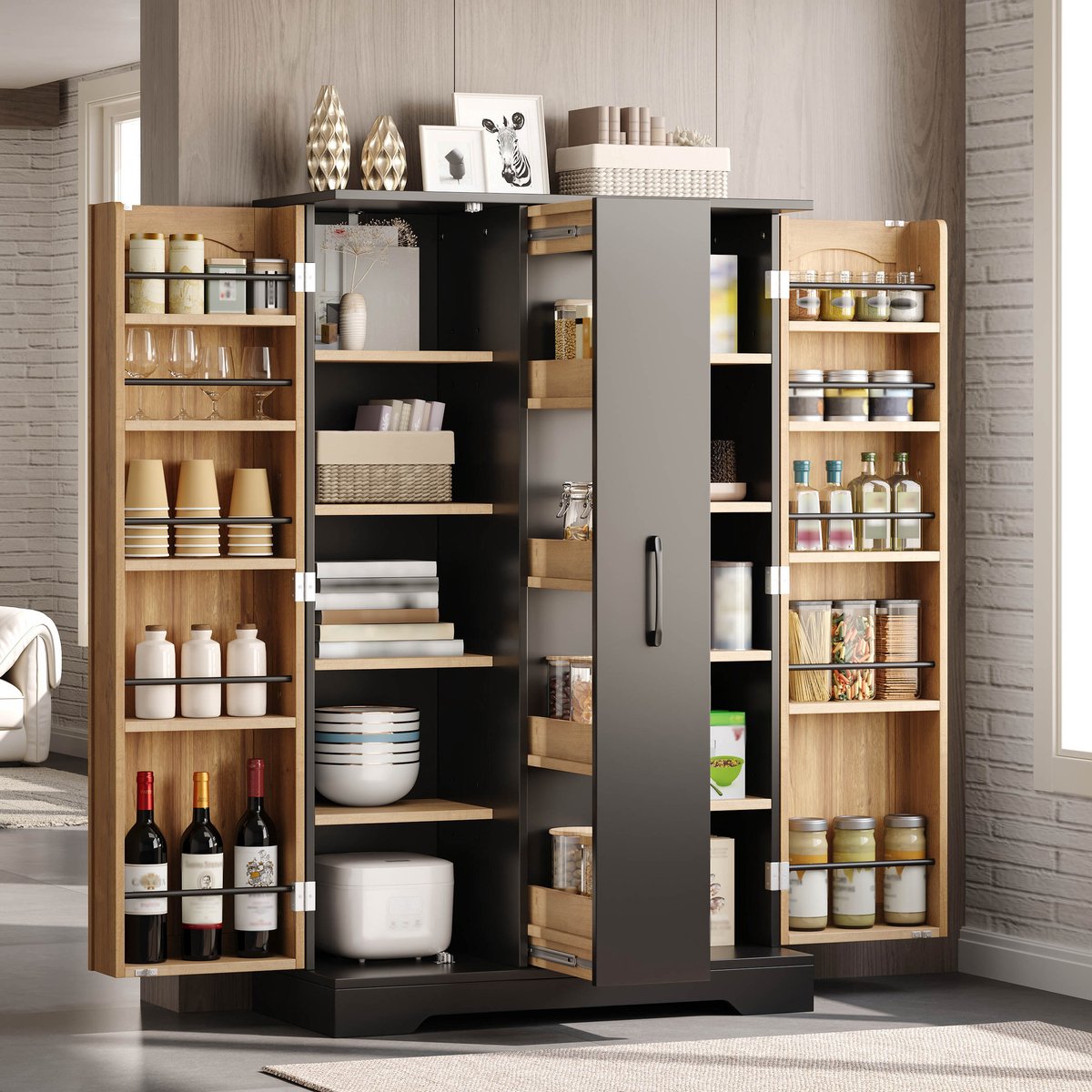 Clruro Keukenkast - 120 x 78 x 35 cm - Kruidenrek - Verstelbare Planken - MDF - Zwart/Naturel