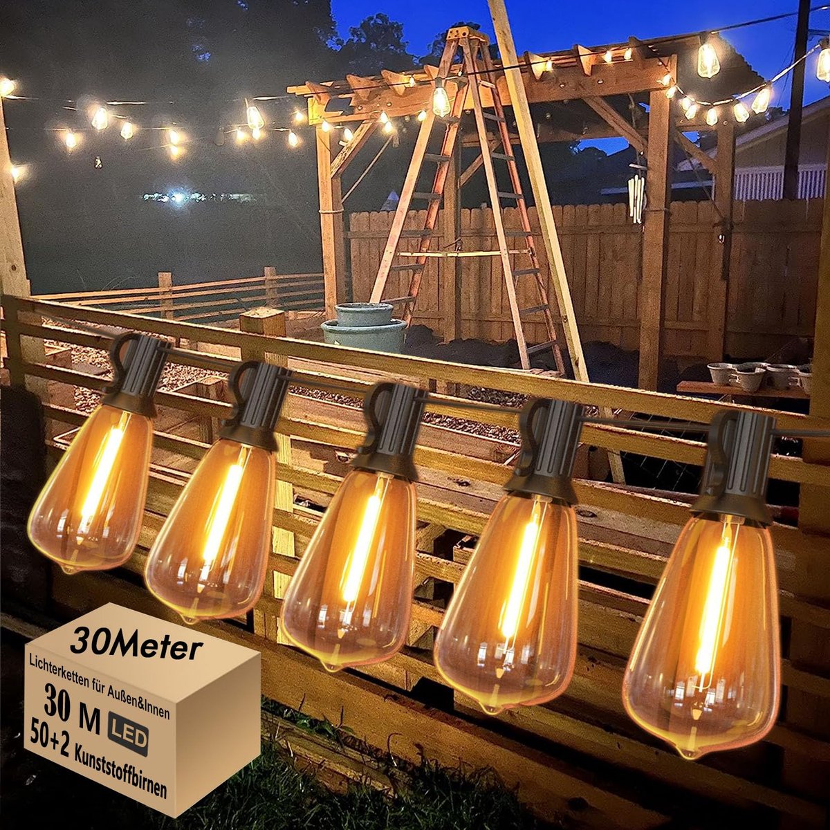 Skeerei 30 m lichtsnoer voor buiten, stroom met 52 leds ST38 gloeilampen - ShopVlot