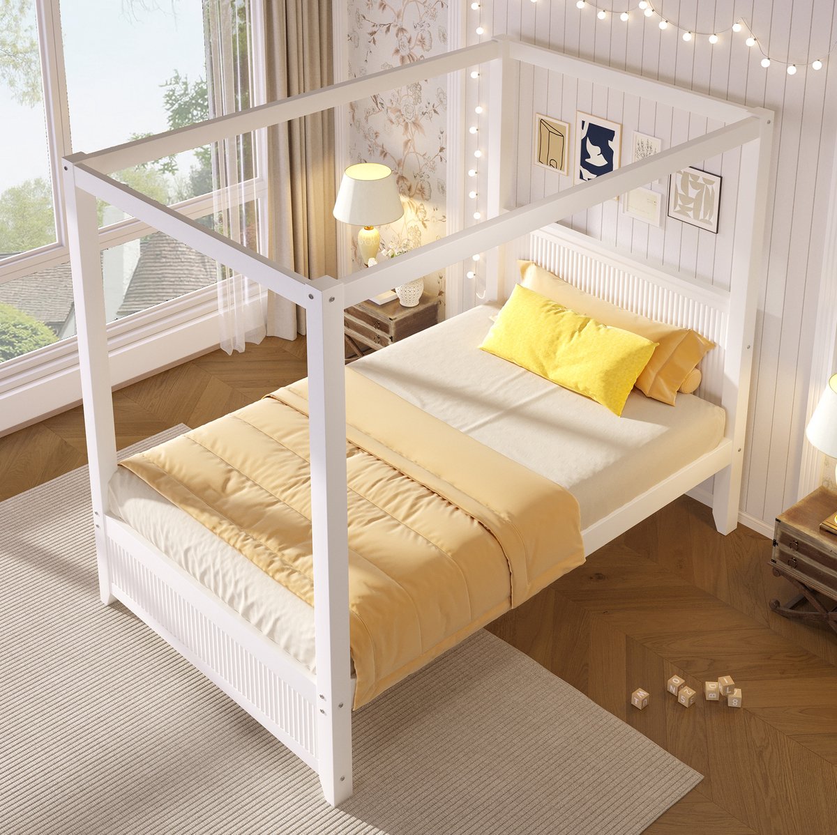 OKWISH Hemelbed 90x200 Cm Zonder Matras - Bed Met Open Dakhouder En Lattenbodem - Voor Kinderen Jongeren En Logeerkamer - Hout En MDF - Wit