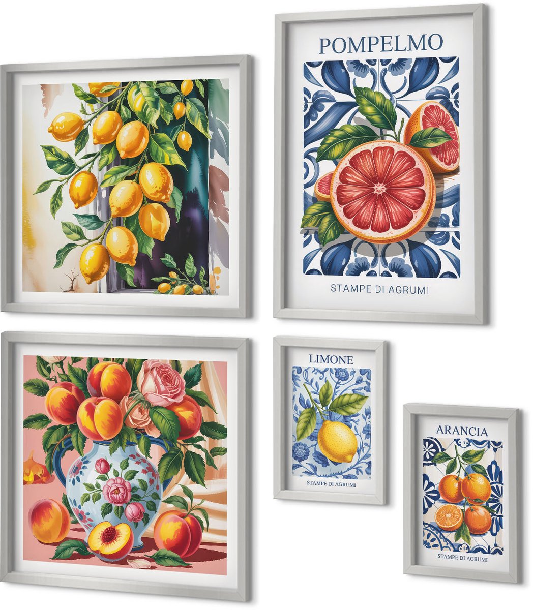 Coloray 5-Delige Schilderij Set - Vintage Illustraties Van Citrusvruchten - 20 x 30 cm - Stijlvolle Muurdecoratie - Kantoor - Moderne Wanddecoratie