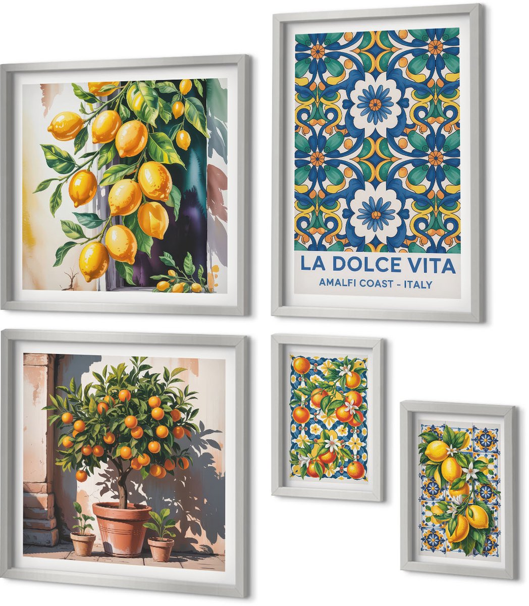 Coloray 5-Delige Schilderij Set - Citroenen Limonade Blauwe Deur Zomer Uitzichten - 20 x 30 cm - Decoratieve Schilderijen - Wanddecoratie - Hal - Moderne Wanddecoratie