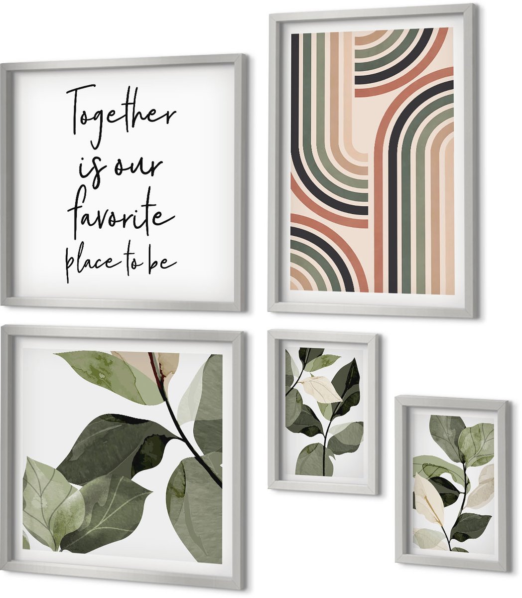 Coloray 5-Delige Schilderij Set - Plantenbladeren In Tinten Groen En Grijs - 20 x 30 cm - Wanddecoratie - Muurdecoratie - Moderne Interieurdecoratie - Woonkamer Decoratie