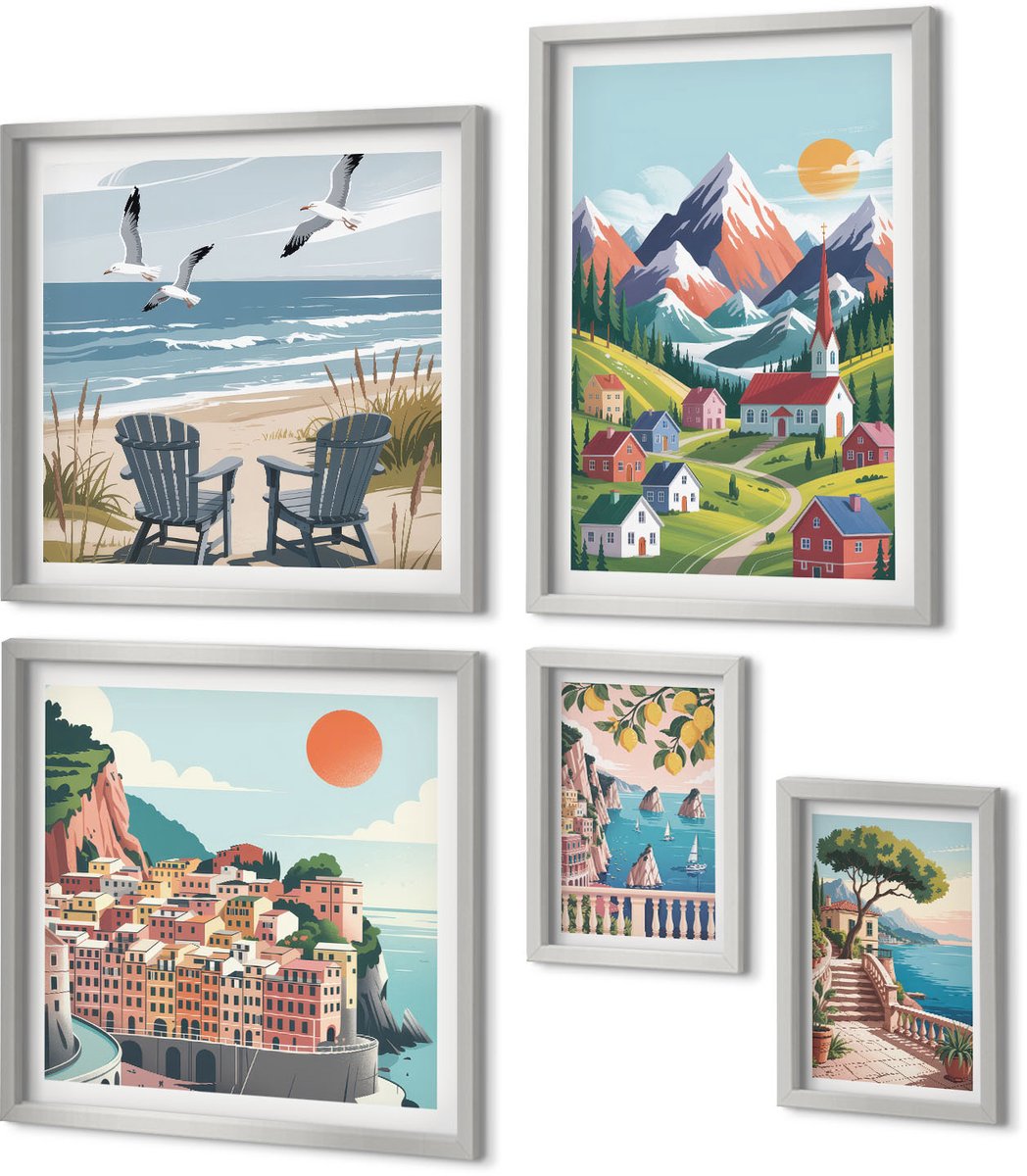 Coloray 5-Delige Schilderij Set - Uitzicht Op Zee Met Pastelkleurige Huizen - 20 x 30 cm - Wanddecoratie - Moderne Interieurdecoratie - Interieur Decoratie