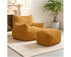 DESMIU Zitzak Stoel Met Voetenbank 103 X 90 X 70 Cm - Ergonomische 5-Zone Steun En Zonder Montage - Voor Slaapkamer En Appartement - Fluweel - Geel