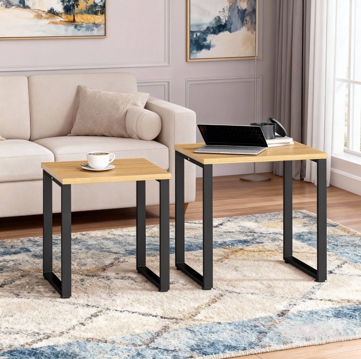 MIVRAY Salontafel - Set Van 2 Met Nestbaar Design En Metalen Frame - Voor Woonkamer En Slaapkamer - Hout En Metaal - Naturel