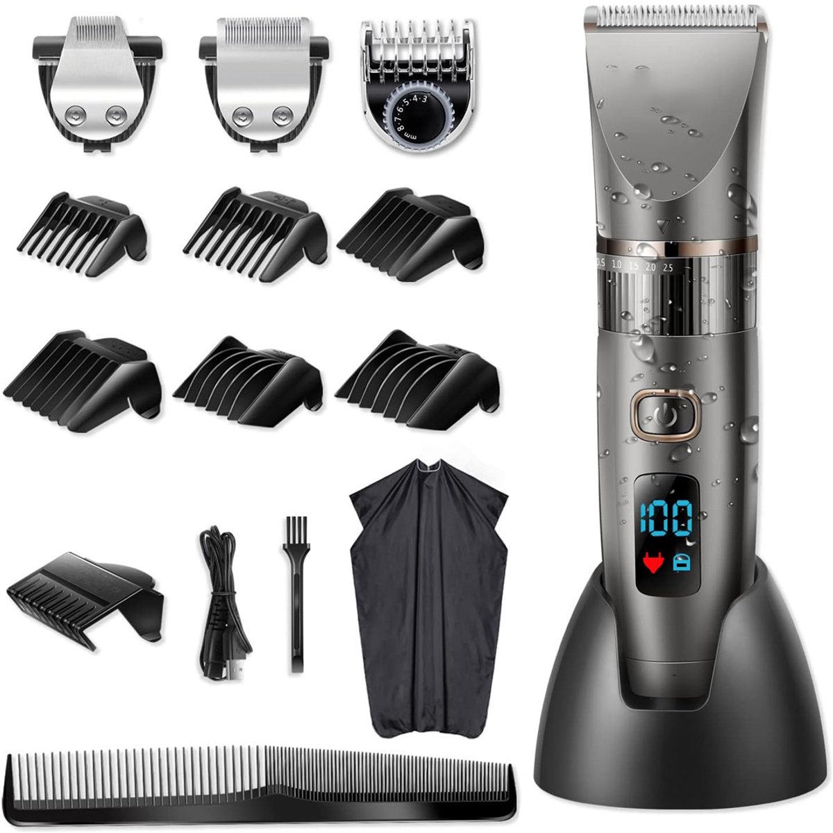 QUOVO® 3-in-1 Tondeuse Mannen Hoofdhaar – Haartondeuse – Draadloze Baardtrimmer – Baard Trimmer- Trimapparaat Met Meerdere Opzetstukken – Kapperset Met Kappersmantel – Hair Clipper Waterdicht - Zwart - 23cm x 17cm x 8cm