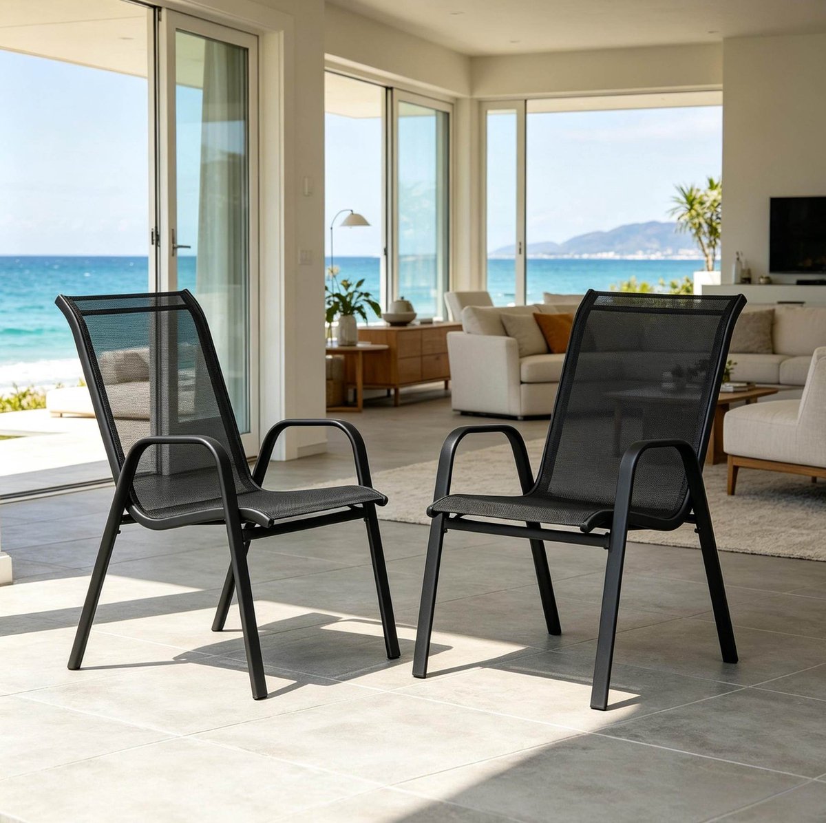 FloraGrace Tuinstoel 2 Stuks – Stapelbaar Met Hoge Rugleuning En Armleuningen – Voor Balkon, Tuin En Terras – Metaal En Polyester – Donkergrijs