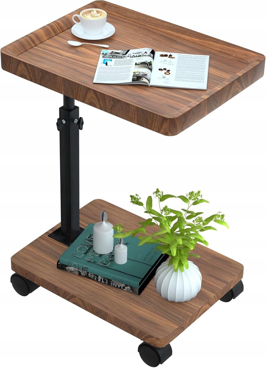 Bijzettafel C-vorm - Bijzettafel met Wielen - Bedtafeltje - Salontafel - Banktafel - Laptoptafel voor Bank - 45-80 cm Verstelbare Hoogte - 360° Draaiend Blad - 4 Zwenkwielen - 30x40 cm - Voor Slaapkamer & Woonkamer