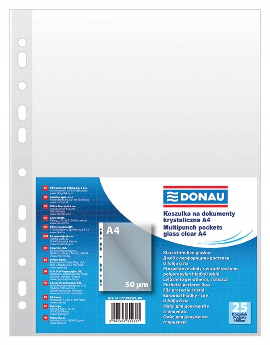 Donau PP A4 Document Hoesjes, Kristalhelder, 50 Micron, 25 Stuks