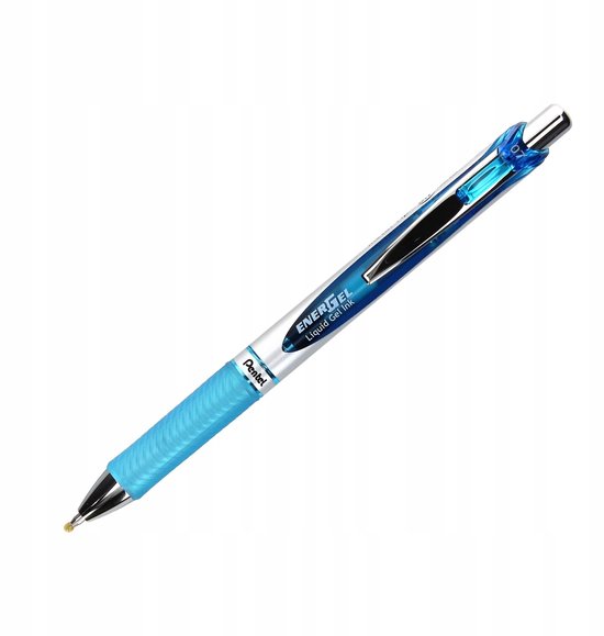 Pentel EnerGel BL77 gelpen met een blauwe, transparante loop en een lichtblauwe, geribbelde grip. 0.7mm.