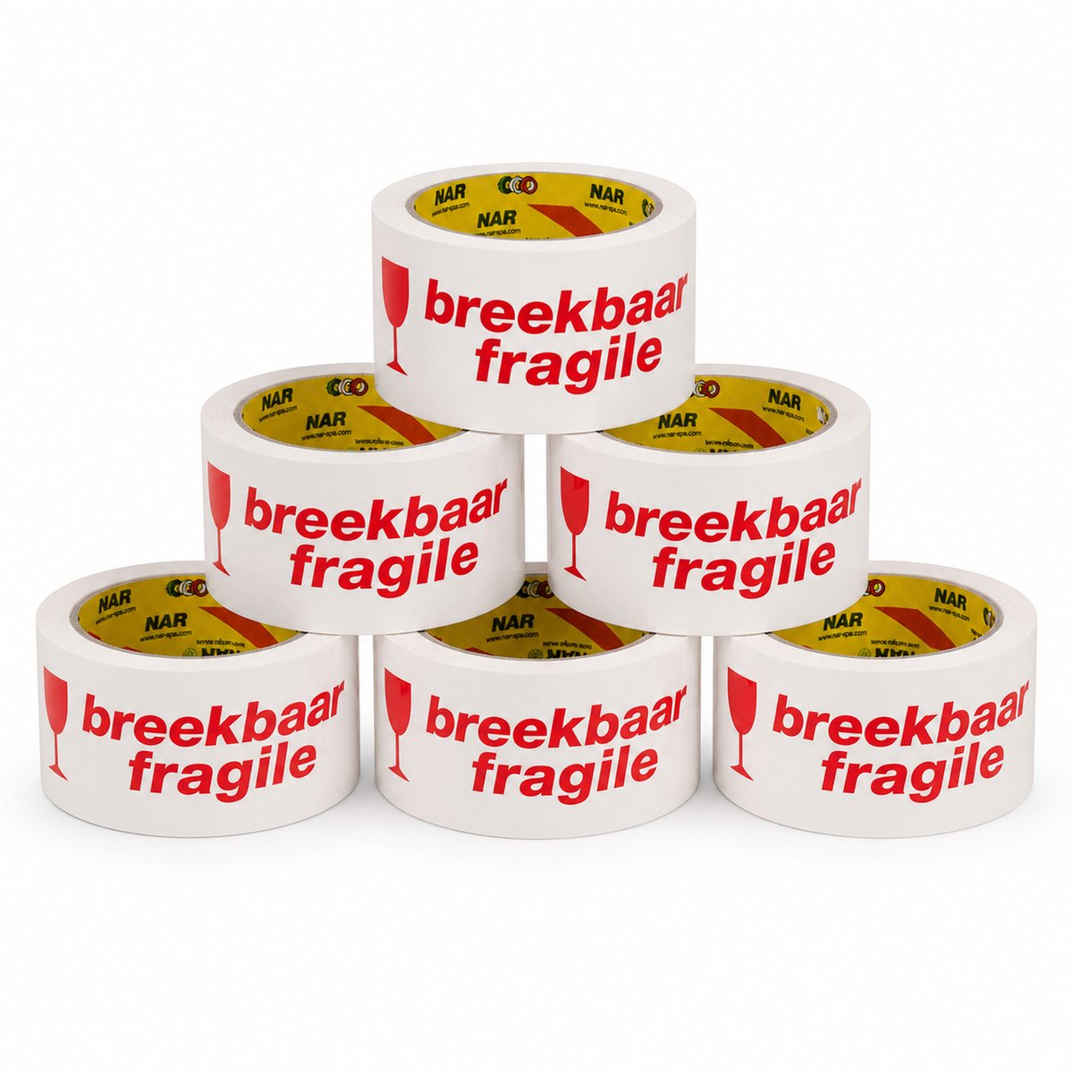 Inpakr Breekbaar Fragile Waarschuwingstape - 6 Rollen - Wit/Rood - 50 mm x 66 m - 33 Micron