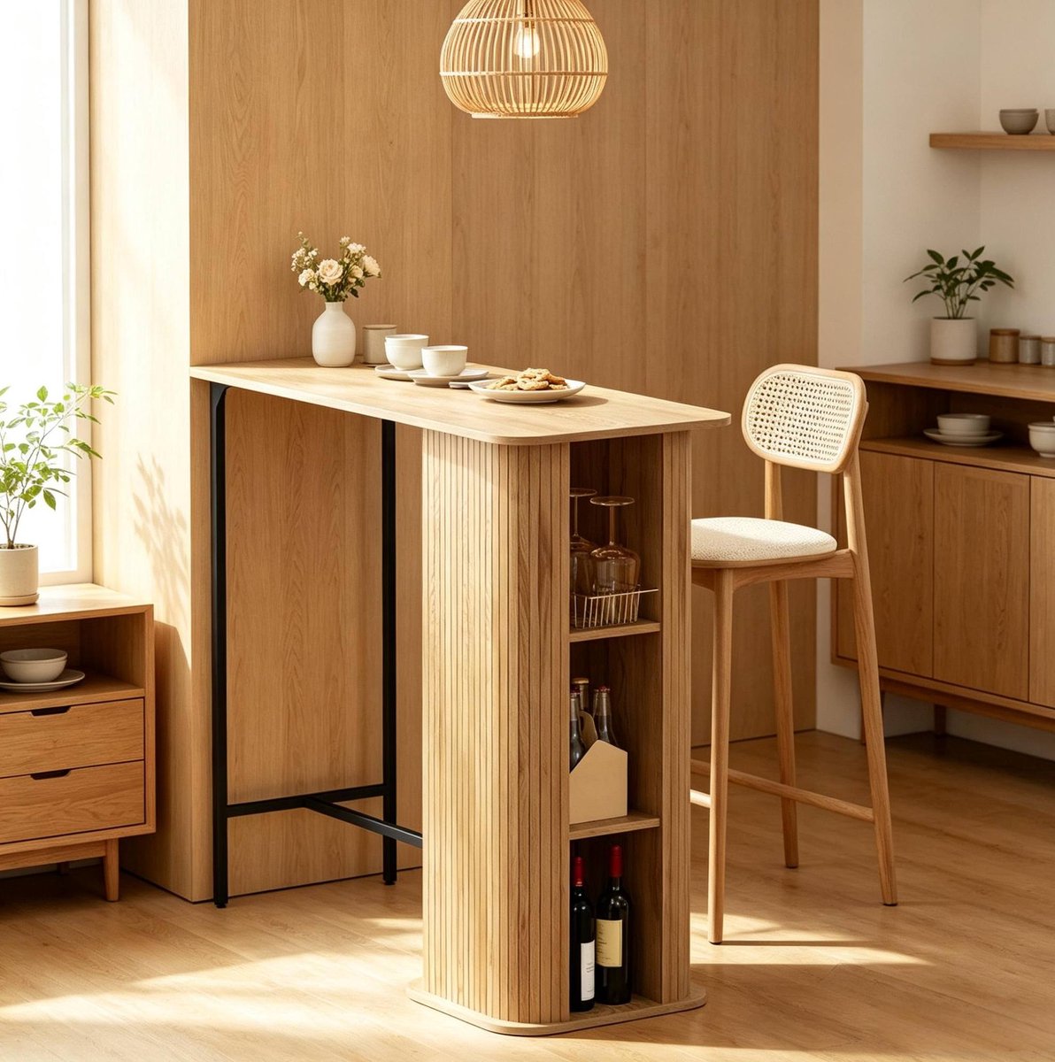 MIVRAY Bartafel - Verstelbare Bar Tafel Met 3 Open Opbergvakken - Voor Keuken En Ontbijthoek - Hout En Metaal - 112 X 50 X 106 Cm