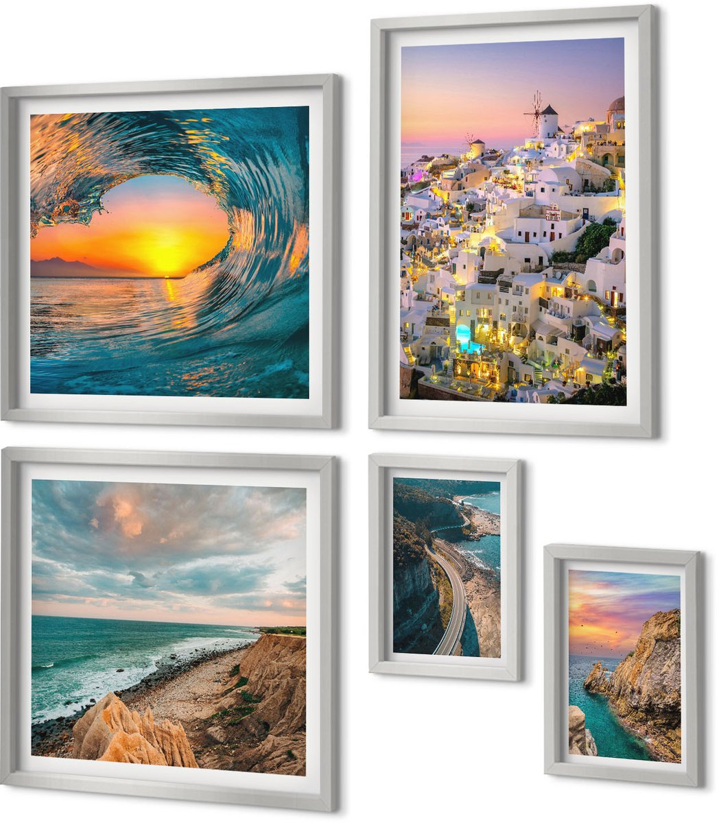 Coloray 5-Delige Schilderij Set - Uitzicht Op De Zee, De Golven En De Witte Huizen Op Santorini, Griekenland - 20 x 30 cm - Moderne Wanddecoratie - Woonkamer - Decoratieve Schilderijen