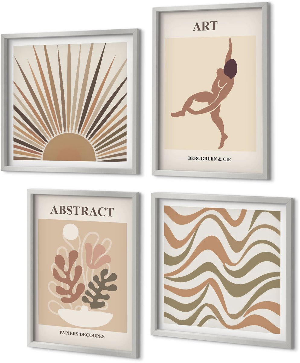 Coloray 4-Delige Schilderij Set - Matisse Boho Abstracte Vormen en Patronen - 40 x 40 cm en 40 x 60 cm - Decoratieve Muurdecoratie - Slaapkamer - Wanddecoratie