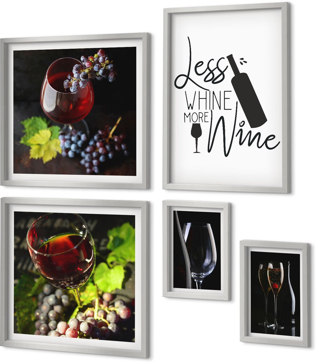 Coloray 5-Delige Schilderij Set - Wijnglazen Met Druiven En Een Opschrift Over Wijn. - 20 x 30 cm - Muurdecoratie - Decoratieve Schilderijen - Wohnzimmer - Wanddecoratie