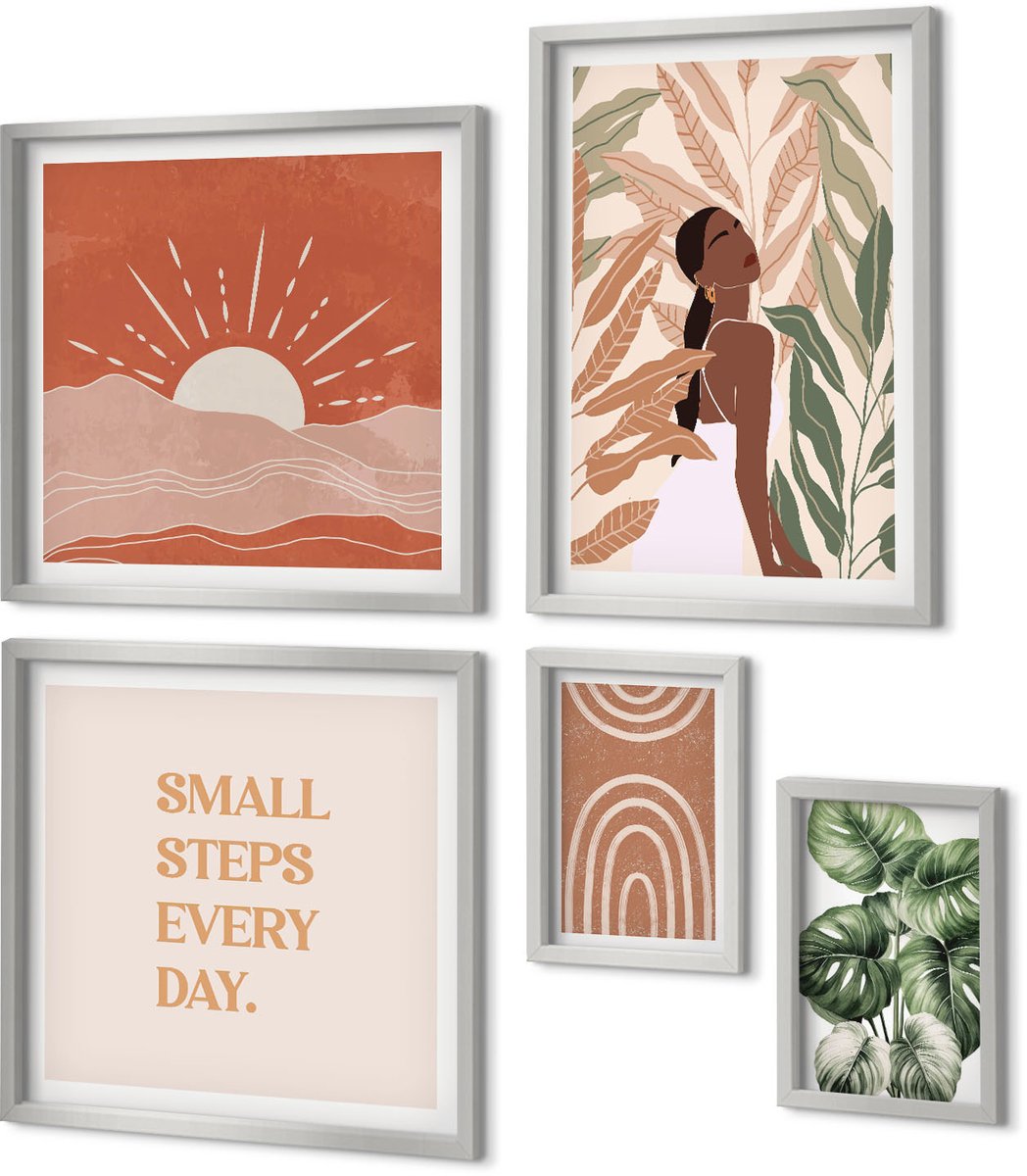 Coloray 5-Delige Schilderij Set - Boho Abstracte Vormen En Illustraties - 20 x 30 cm - Decoratieve Muurdecoratie - Slaapkamer - Woonkamer Decoratie