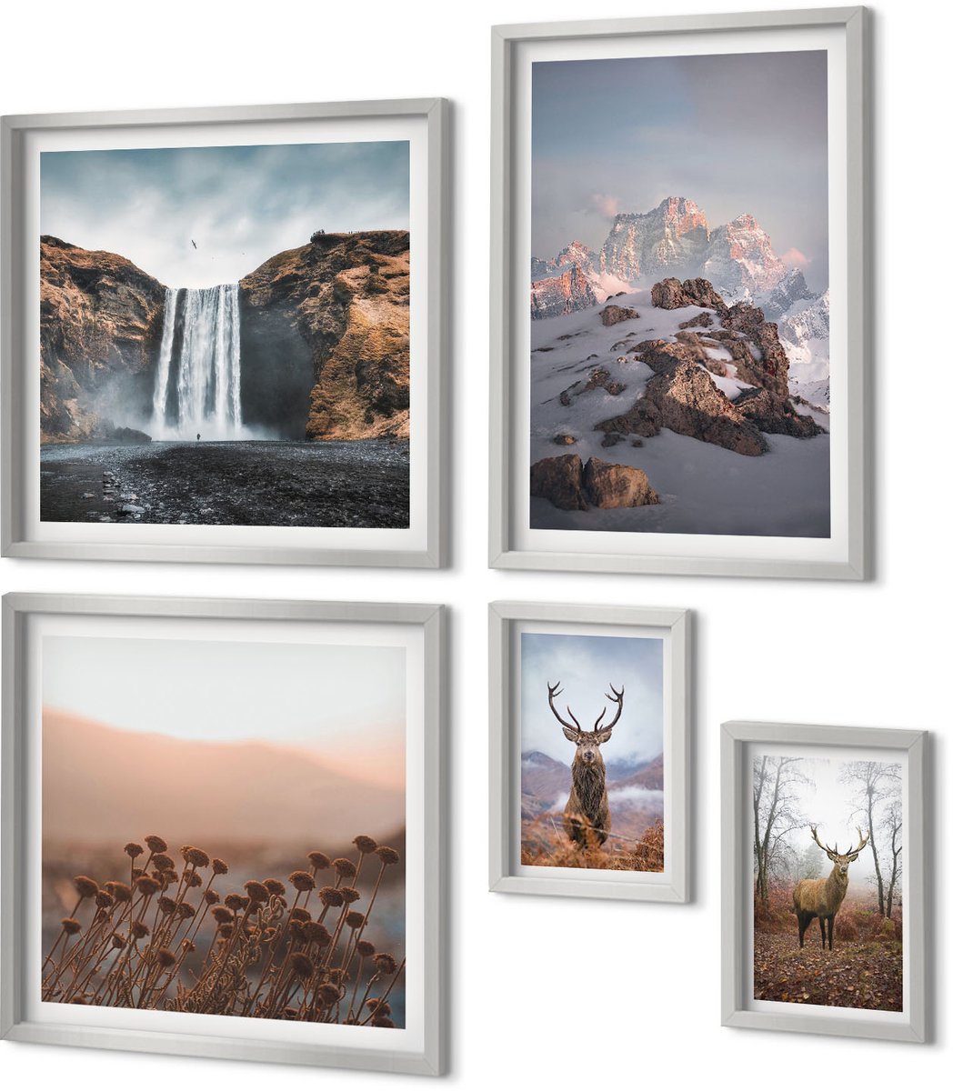 Coloray 5-Delige Schilderij Set - Vakantielandschappen Met Palmbomen En Een Waterval - 20 x 30 cm - Wanddecoratie - Moderne Interieurdecoratie - Decoratieve Schilderijen