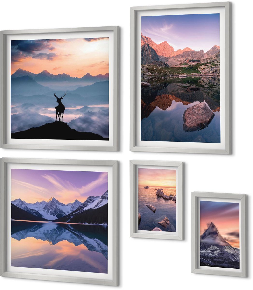 Coloray 5-Delige Schilderij Set - Landschappen, Bergen, Meren En Zonsondergang - 20 x 30 cm - Wanddecoratie - Schilderijen Set - Kantoor - Muurdecoratie