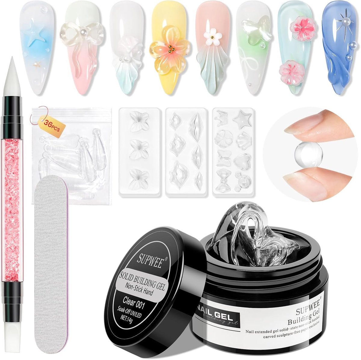 SUPWEE Klar Solid Builder Gel 14g Non-Stick Multi-Purpose Sculpture Nail Art with Silicone Mold and Manicure Tools - ShopVlot