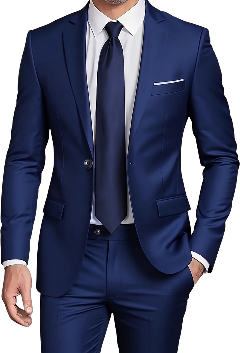 Currero 3 Delig Herenpak Met Overhemd - Suit 2 Delig - Tailored Fit Kostuum - Business Pak - Trouwpak - Smoking - Tuxedo Stijl - Bruiloft, Kantoor & Feest - Blauw XL