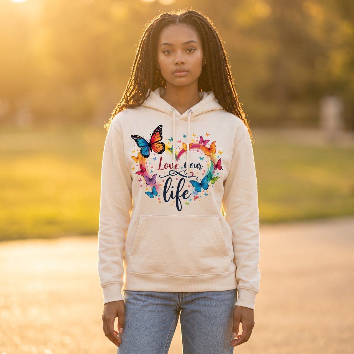 Sweatshirt- Hoodie - Love your life- lichtgeel - comfortabel katoen - cadeau voor haar - maat M