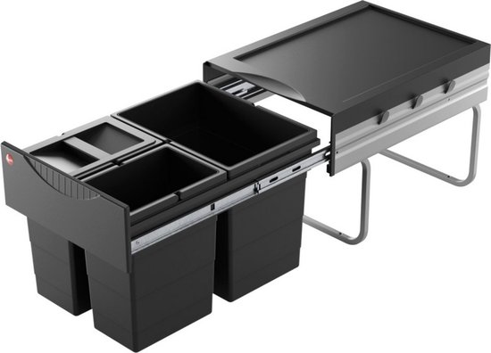 Hailo AS Tandem Inbouw Afvalscheidingssysteem – Ruimtebesparend – 3 Emmers (1x18L + 2x8,5L) – Zwart